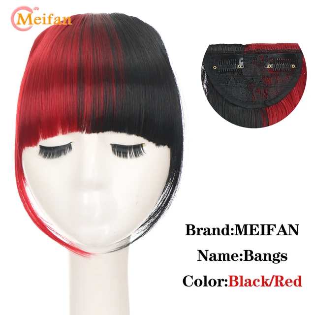 MEIFAN Clip in Hair Bangs Extension Hairpiece Synthetic Natural Fake Bang Hair Piece Air Bangs Clip on Bangs Black Brown Red-black