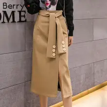 BerryGo, шикарная миди-юбка с высокой талией, для женщин, Осень-зима, на пуговицах, с поясом, женские юбки, элегантные, цвета хаки, вечерние, с разрезом по бокам, женские юбки