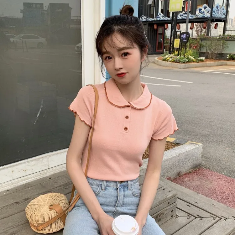 Ulzzang Футболка женская дикий Летний корейский сладкий отложной воротник вязаный узкий, с короткими рукавами футболки топы Camisetas Mujer