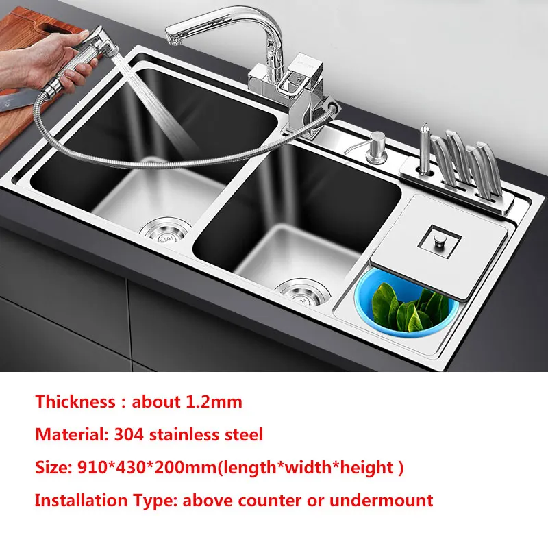 Kitchen Sink Stainless Steel Sinks With Trash Can With Knife Holder Above Counter Or Undermount 1 2mm Thickness Sinks Kitchen Kitchen Sinks Aliexpress