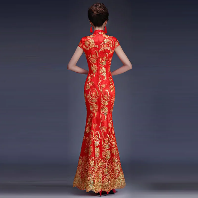 Элегантное красное полной длины Для женщин Qipao Вечеринка платье Изысканная платье с цветочным рисунком De Soiree леди Русалка свадебное платье