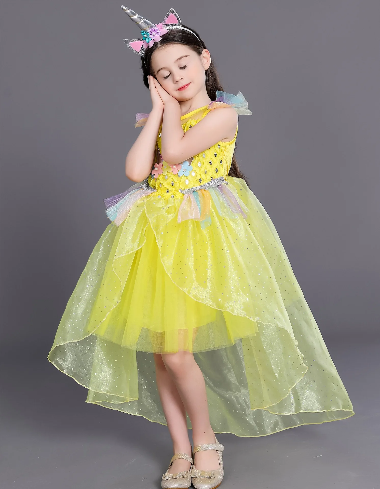 Подростковые платья для девочек Единорог Костюм принцессы праздничная одежда Vestido радужного цвета для маленьких одежда для детей возрастом 2, 5, 7, 9 лет Детская праздничная одежда; платье со шлейфом