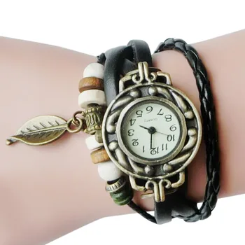 

Women Children Retro Leather Watches Clock Winding Bracelet Leaf Pendant Party Dress WristWatch relojes de mujer relogio