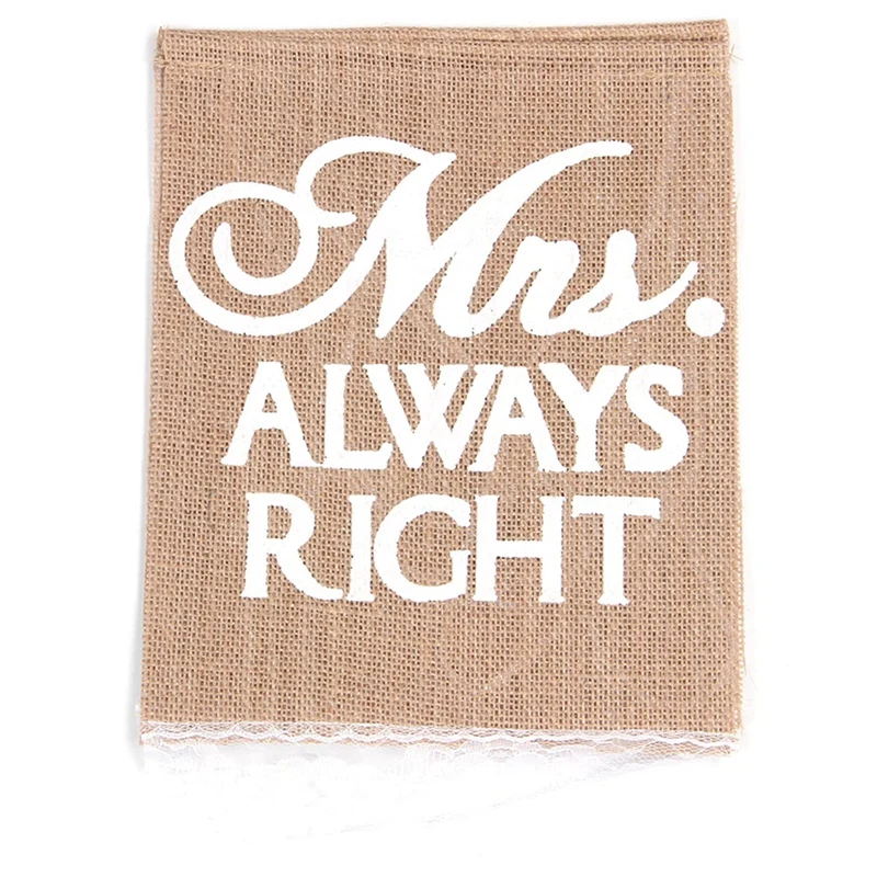 

Wedding Party Khaki Mr Right & Mrs Always Right Pattern Chair Sign Bunting Banner Rustic Lace Decor Burlap (Color: Khaki)