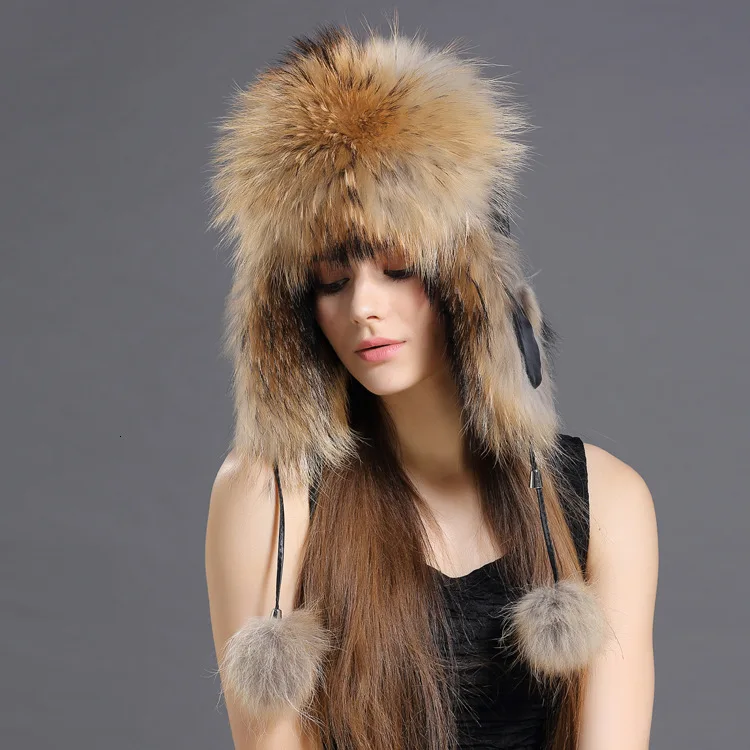 Raccoon color Россия Горячая Мода Зима Енот "Пилот" Круглая Шапка из лисьего меха с Для женщин с ушами; толстая теплая зимняя шапка Дамская мода теплые Цвет шляпа - Цвет: Raccoon color
