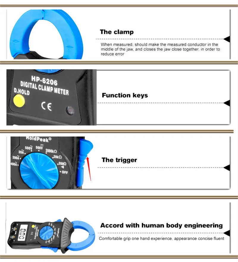 Цифровой клещи hp-6206 мультиметр 1999 отсчетов подсветка 200A AC ток AC/DC напряжение мультиметр Вольтметр Амперметр тестер