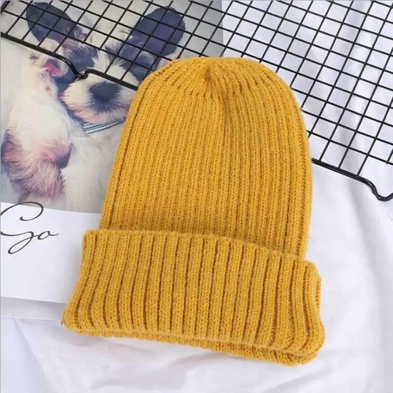 yellow Женская шапка, зимняя однотонная вязаная теплая шапка, Простой корейский стиль, женская шерстяная Повседневная шапка, утолщенная громоздкая Лыжная вязаная шапка - Цвет: yellow