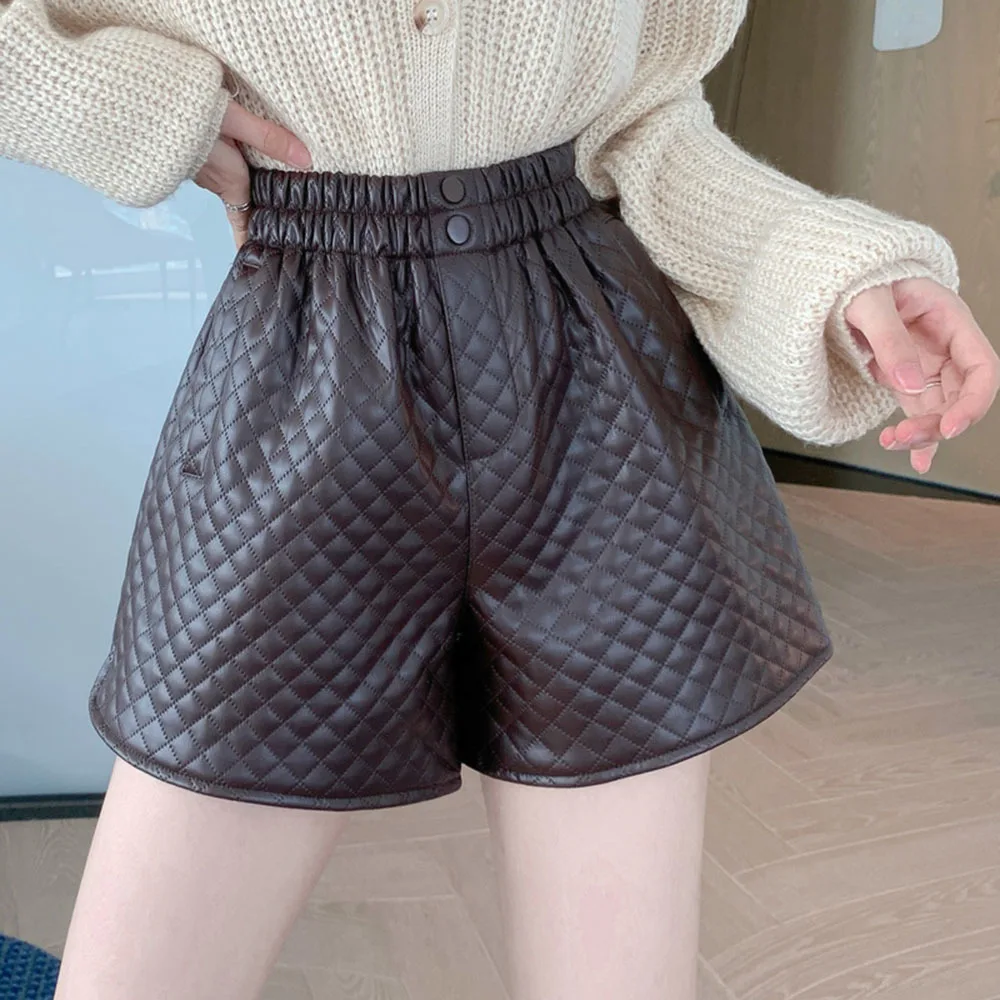 2022 High Waist PU Leather Shorts Women Button Wide Leg Punk Style Autumn Winter Casual Loose Short Feminino | Женская одежда