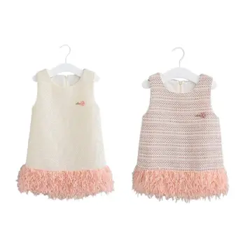 

Baby Girls Winter Sleeveless Plaid Ruffles Feather Plush Lined Princess Dress