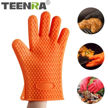 

TEENRA 1Pcs Silicone Barbecue Oven Glove Food Grade Heat Resistant Kitchen Cooking BBQ Grill Glove Oven Mitt Baking Glove