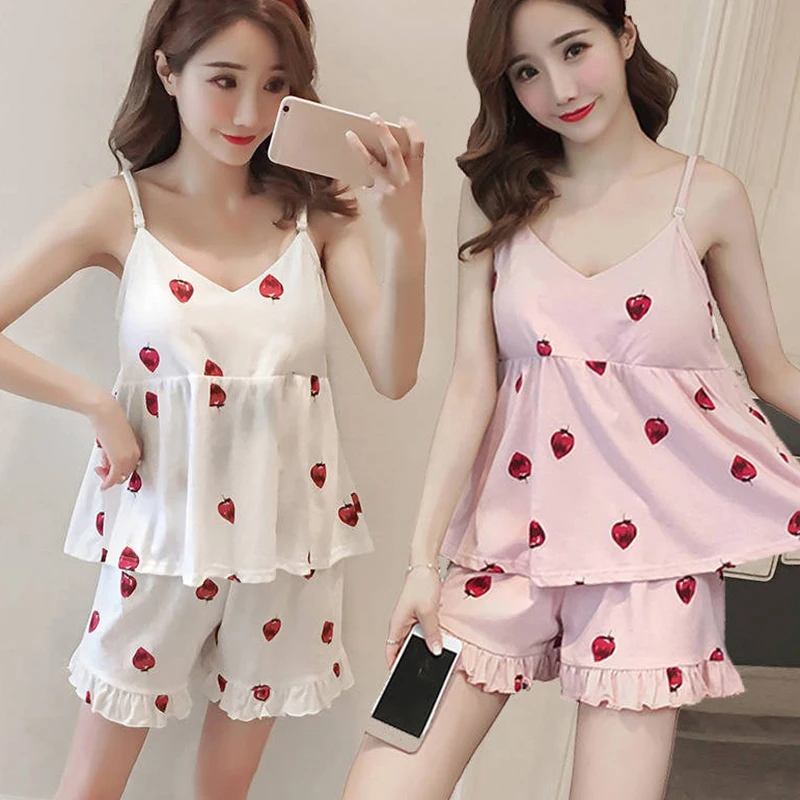 

Sleeveless Pajamas Set Summer Women V-neck Pajamas Sexy Simulation Print Female Sling Tops+Shorts Two Sets