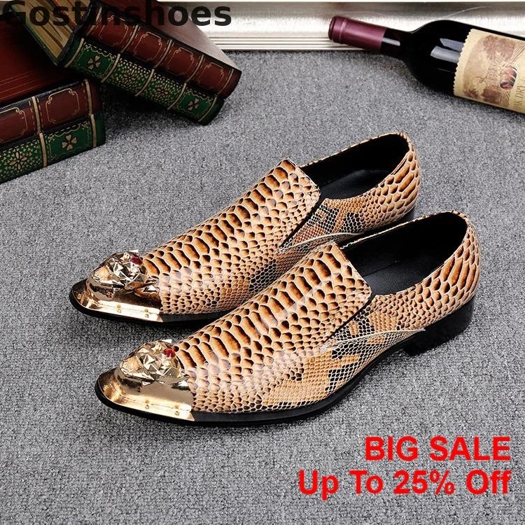 

Men Shoes Genuine Leather Orange Color Snakeskin Printed Metal Cap Toe Slip-on Pointed Men Casual Leather Shoes Men Oxfords