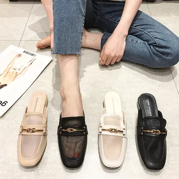 

2020 Mules Women Square Toe Slipper Metal Decoration Chunky Heel Shoes Slide Mesh Patchwork Slipper Designer Sandalias Mujer