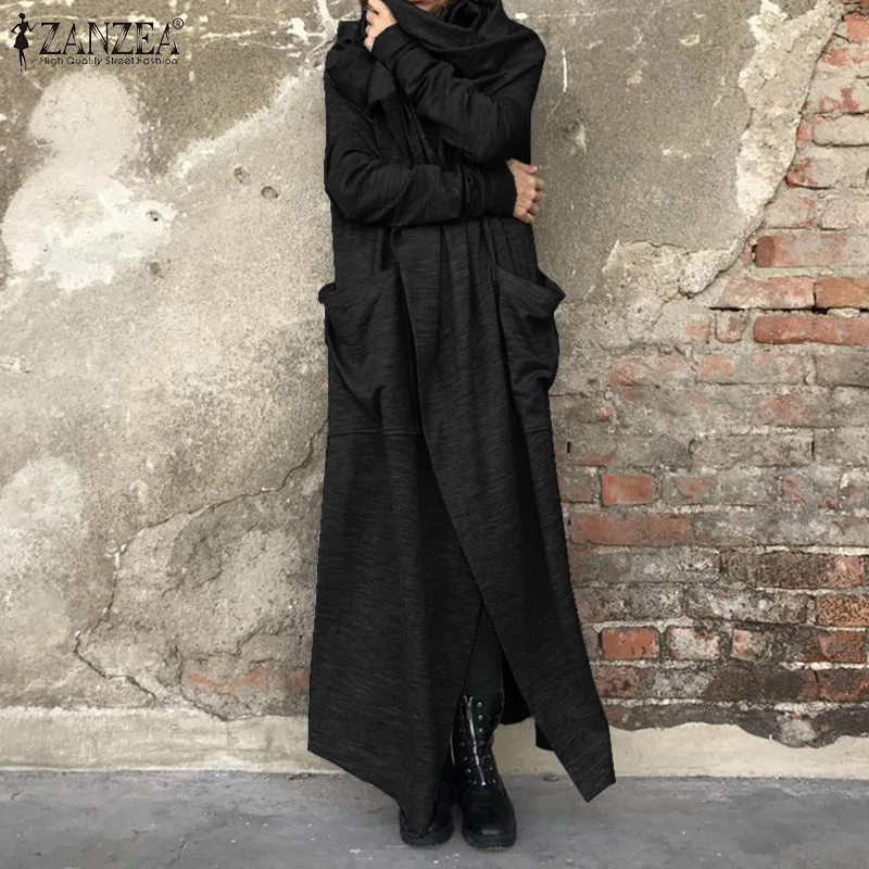 low cost  ZANZEA Vintage Women Cowl Neck Long Sleeve Jackets Autumn Solid Cardigan Femininas Loose Long Coats