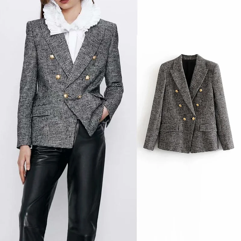 England women blazer elegant office lady Houndstooth Za blazer women outwear long sleeve double breasted female jacket blazer