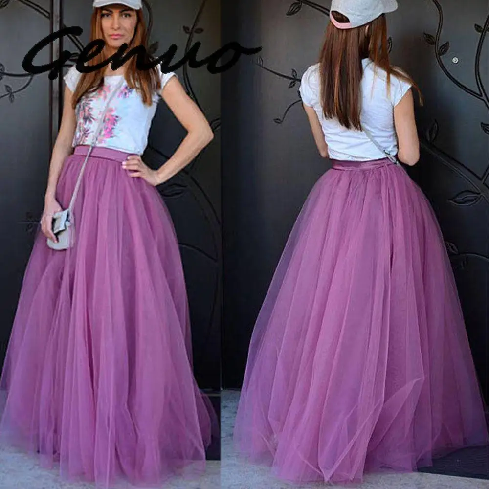 Genuo New Puffy Skirt Purple Long Half-Length Skirts Women Skirts 5 Layers Mesh Tulle Tutu Skirt For Parties Formal Skirts
