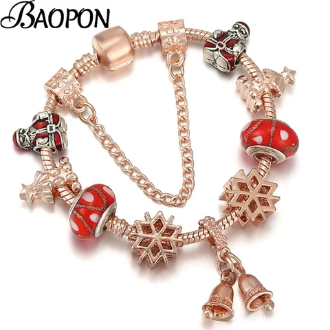 Gold Santa Claus Beads Bracelet With Silver Plated Snake Chain Charm Bracelets Bangles For Women Men Handmake Jewelry Gift