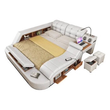 Marco de cama de masaje multifuncional de cuero auténtico, cama nórdica, luz LED, Altavoz Bluetooth, caja fuerte, puerta a puerta