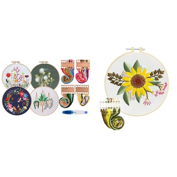 

4 Set Embroidery Starter Kit Cross Stitch Kit with 4 Pcs Pattern & 1 Set Sunflower Pattern Embroidery Kit