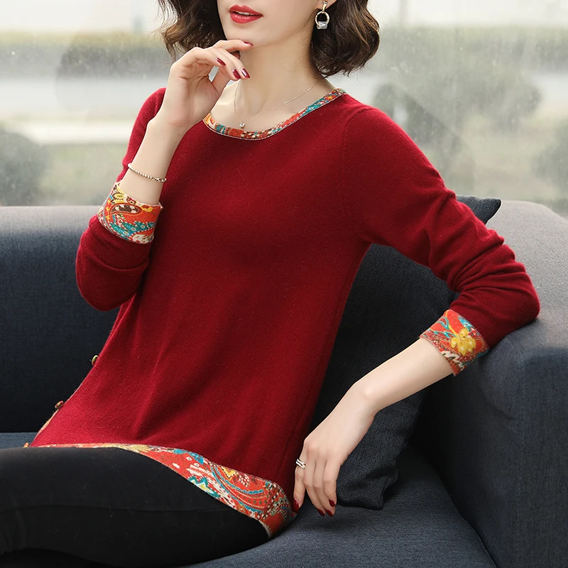YISU осенне-зимний женский свитер с круглым вырезом и длинными рукавами, пуловер с неровным принтом, тянущийся свитер, теплый вязаный свитер для женщин - Цвет: Красный