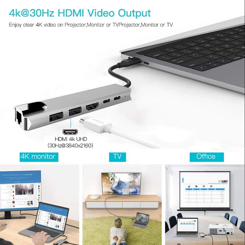 6 in 1 USB C HUB Type C to HDMI 4K USB 3.0 Adapter Thunderbolt 3 Adapter For Macbook Samsung Galaxy S10 Huawei P30 Pro USB-C HUB