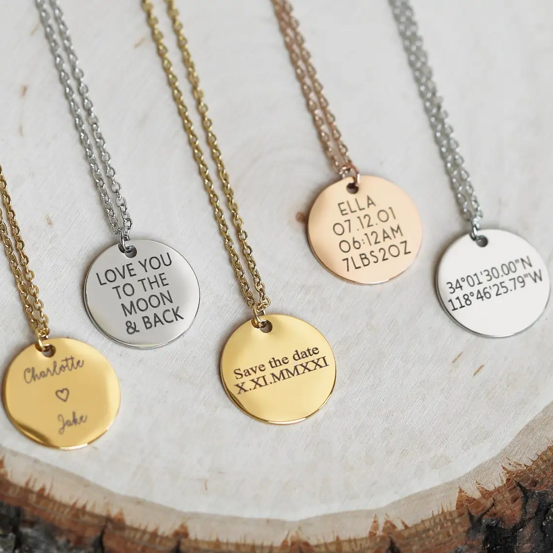 Custom Engraved Name Date Round Coin Stainless Steel Personalized ID Tag Accessory Jewelry Pendant Fit for Bracelet Necklace