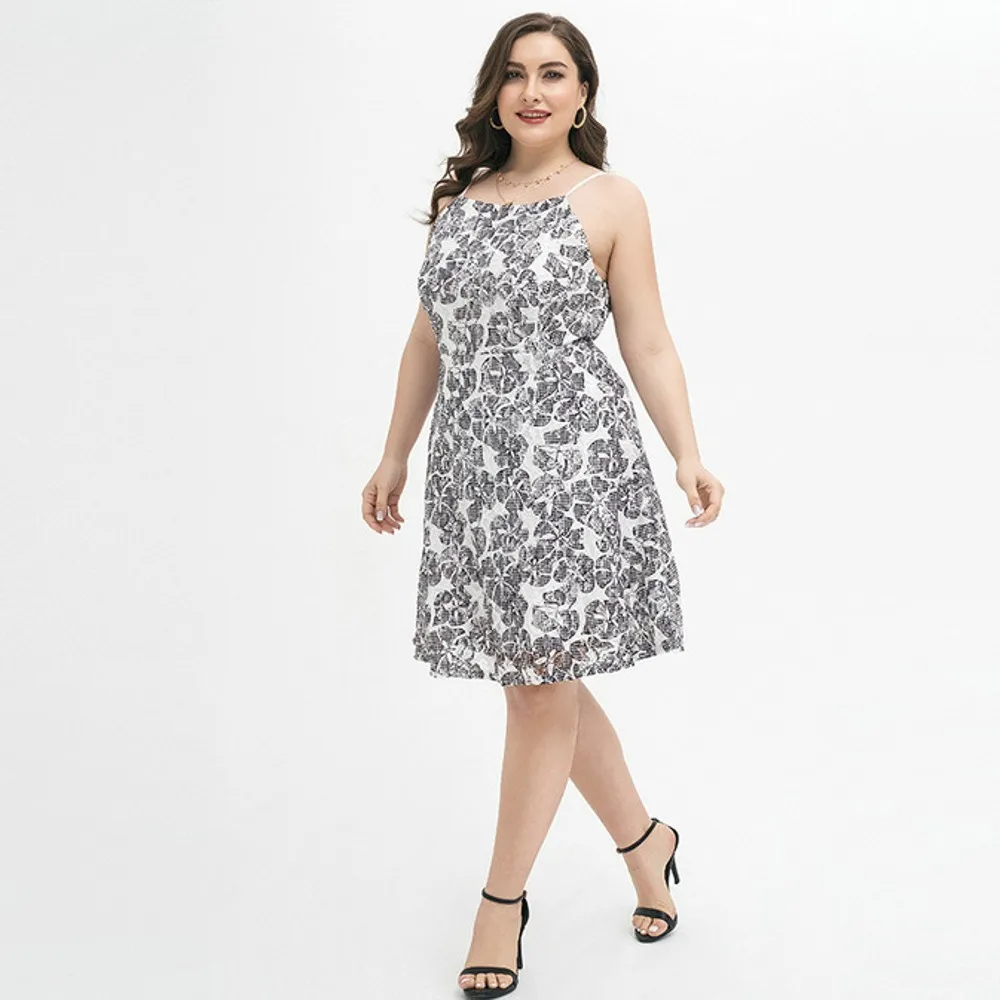 Large-size Halter Dress Sexy Backless Lace High-waisted Loose Casual MIDI Skirt Elegant And Fresh Slim Fat Dress Summer 2021 New