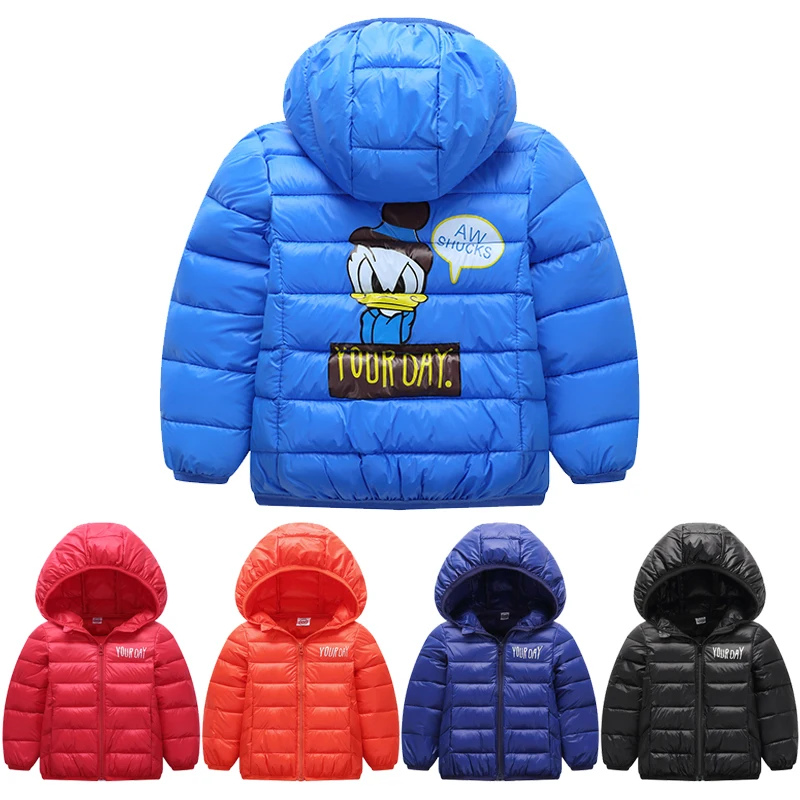 Осенне-зимние легкие куртки хлопковые куртки с рисунком для мальчиков верхняя одежда с капюшоном с Дональдом Даком для маленьких девочек детская одежда