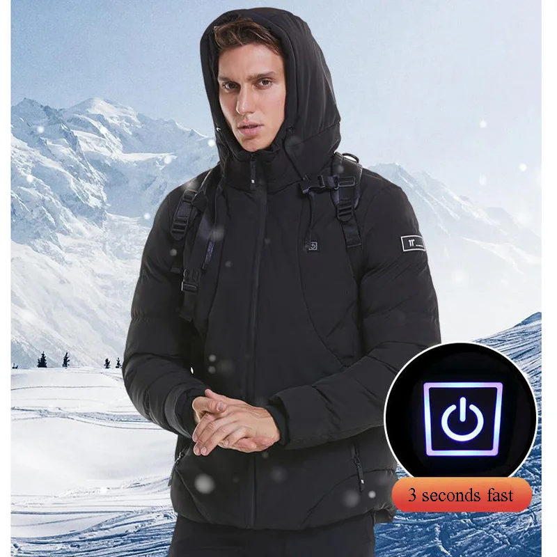  Men's Winter Outdoor Intelligent USB Work Hooded Heating Jacket Coats Adjustable Temperature Contro