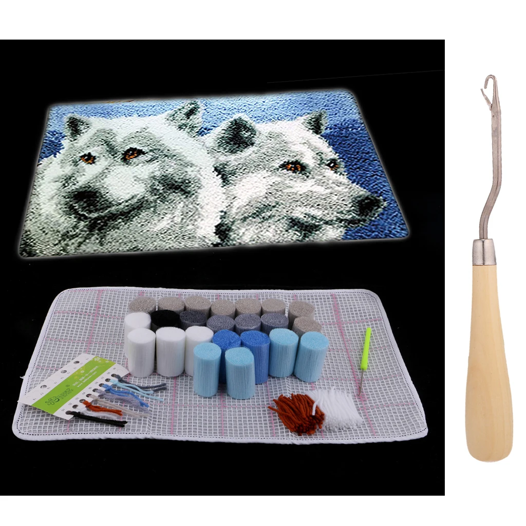 DIY Two Wolves Latch Hook Kit Rug Making Crafts for Kids/Adults, 19.6 x 11.8 inch