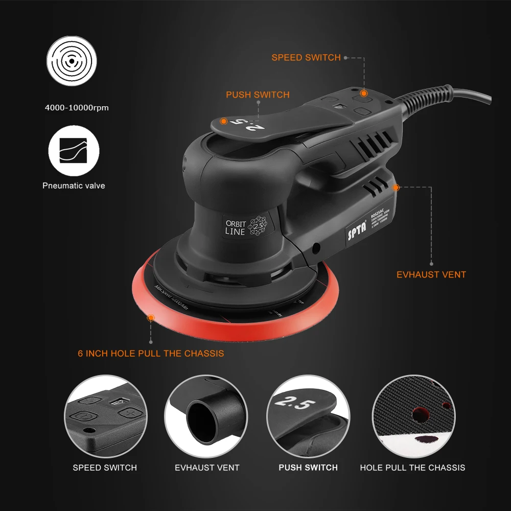 SPTA 350W Electric Car Random Orbital Sander Machine Multi-Function Woodworking Corners Polisher Variable Speed Corded Sanders