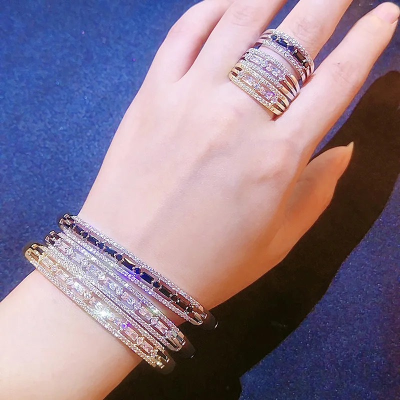 

European and American white gold plated ring bracelet set super shiny zircon accessories wholesale