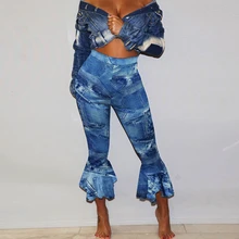 Новые женские расклешенные брюки-клёш с высокой талией, женские сексуальные джинсы стрейч, модные брюки с принтом, джинсовые брюки