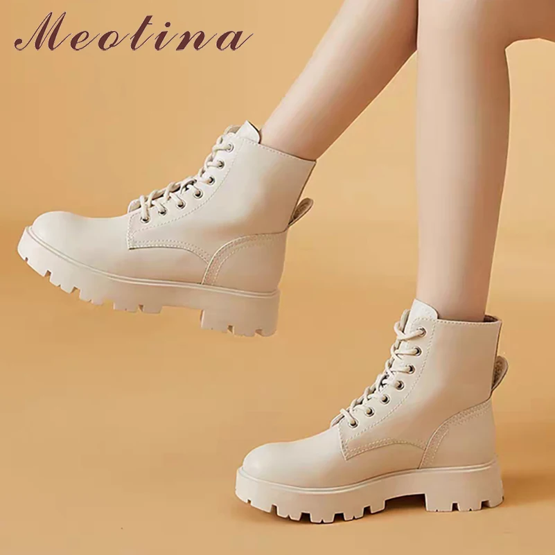 Meotina Botas Moteras de Piel Auténtica con Cordones para Mujer, Botines  Tobilleros con Punta Redonda y Tacón Medio Grueso, Calzado Femenino para  Otoño e Invierno, Talla 40, 2021|Botas hasta el tobillo| - AliExpress