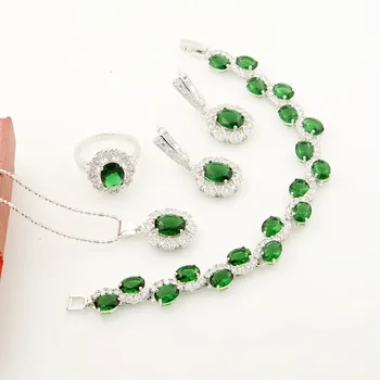 

Women Silver 925 Jewelry Sets Pure Emerald White Zircon Stone Beads Decoration Earrings Pendant Rings Bracelet Necklace for gift