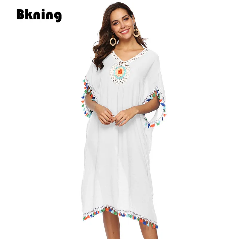 

Colorful Tassel Cover-up Beach Outings for Women 2019 Woman Summer Tunic Dresses White V Neck Beachwear Swimsuit Cover Up Dress