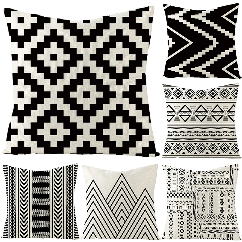Custom Decorative Pillowcase Blacck White Flax Cotton Linen Square Zippered Pillow Cover45x45cm (One Side)#JZHYT | Дом и сад