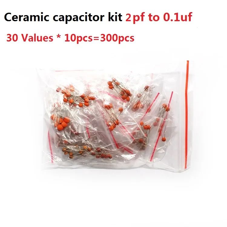 

30 Values*10pcs=300pcs Ceramic capacitor kit 2pf to 0.1uf 50V Assorted kit set Assortment pack 22PF 30PF 220PF 103 104 100PF 472