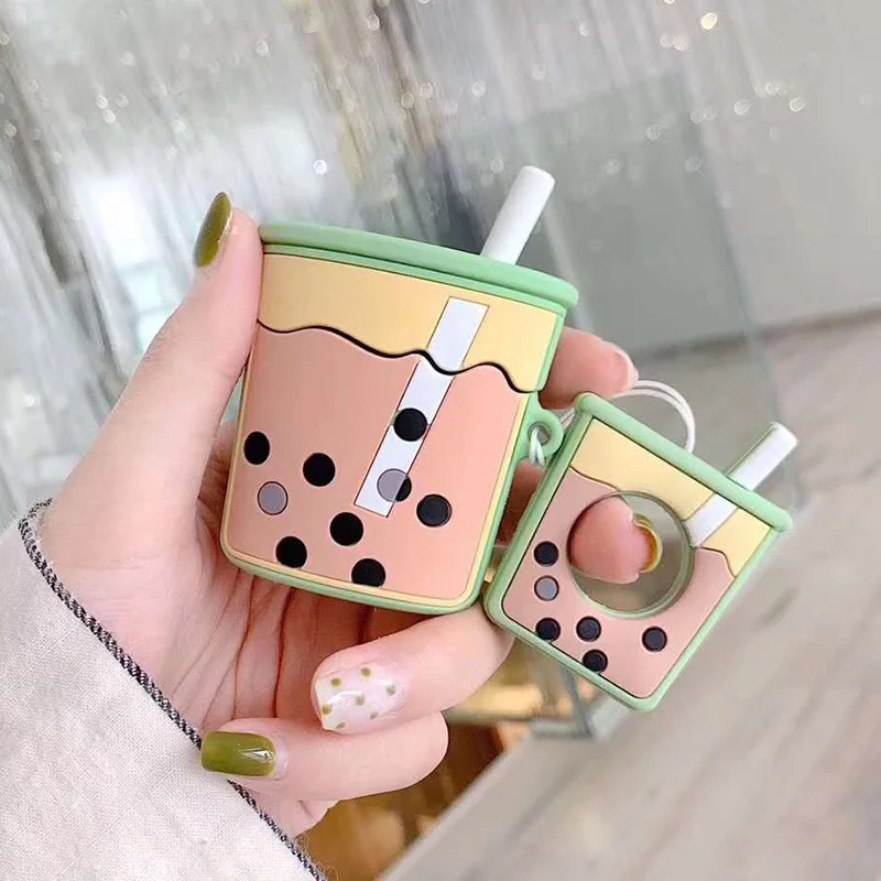

Hot Sale Silcone Case Cartoon Milk Tea Cup Silicone Protective Cover with Hook Clip for AirPods 1 2