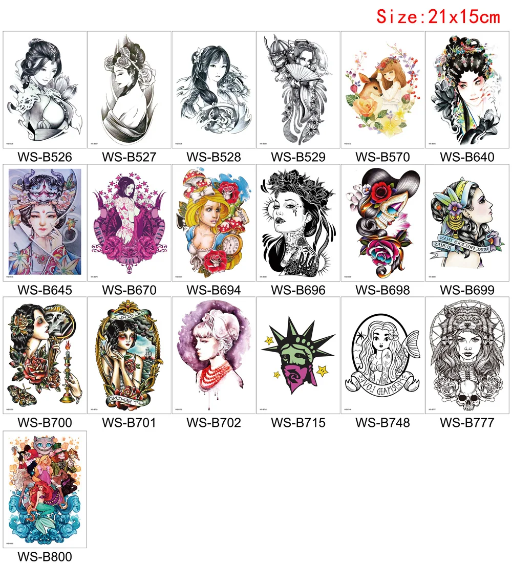 Beauty Woman Tattoo Colored Drawing Waterproof Ancient Sexy Girl Skull Peking Opera Mermaid Sticker Fake Temporary Tattoo Summer (1)