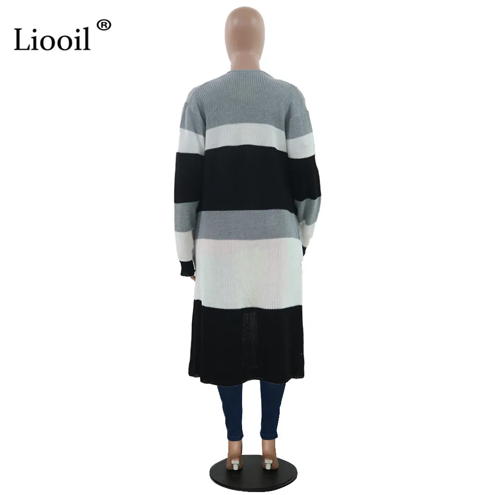 Liooil вязаный кардиган, Женское пальто, свитер с цветными блоками, женская одежда, зима, длинный рукав, Вязанный свитер с v-образным вырезом и карманом