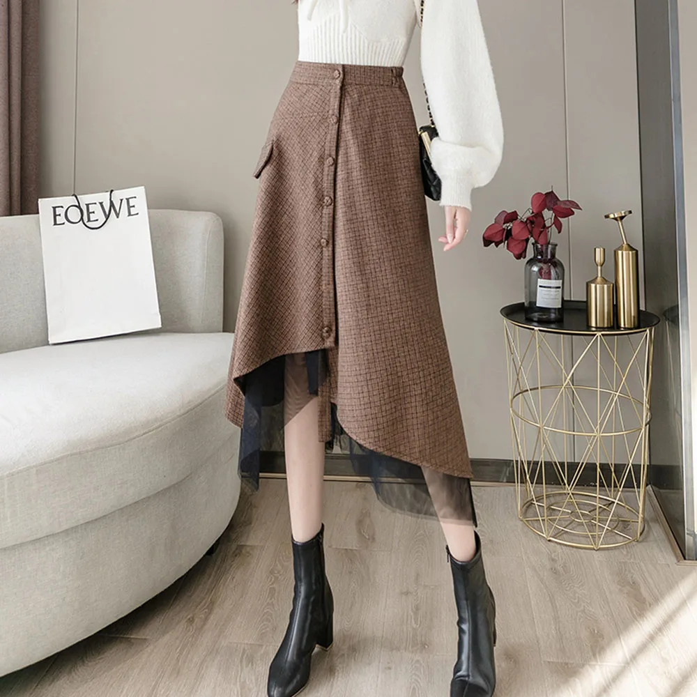 

Skirt Autumn And Winter New Temperament Woolen High Waist Stitching Mesh Irregular Mid-length Plaid A-line Slim Fashion Plaid