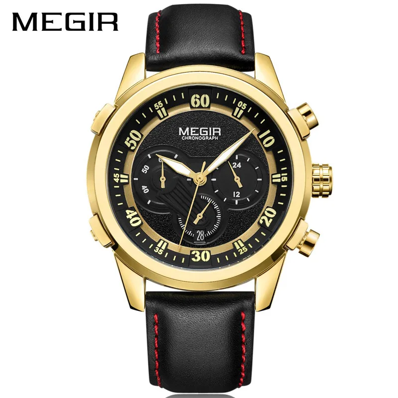 Люксовые часы от бренда MEGIR, Элитный бренд Для мужчин хронограф кожа спортивные часы Для мужчин 24 часов Световой Кварцевые часы для военных мужские часы настенные часы Relogio - Цвет: Black Gold