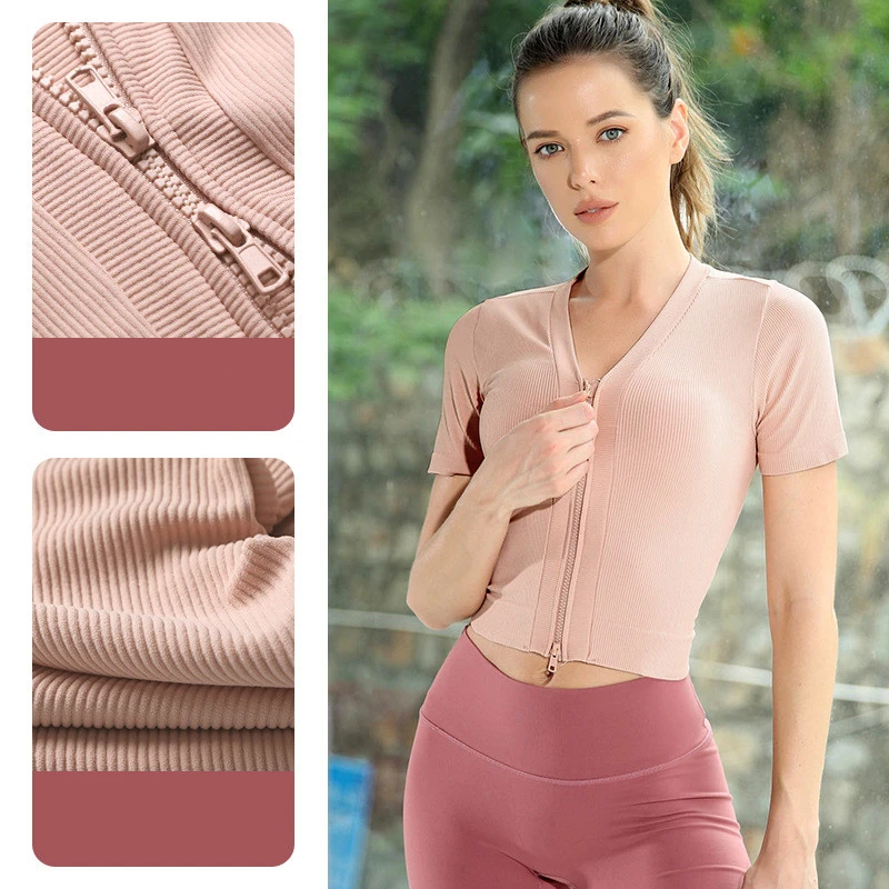 Camisetas de manga corta con cuello en V y doble para mujer, camisas ajustadas de punto para Yoga, entrenamiento, Fitness, gimnasio, ropa deportiva, Tops cortos|Camisas yoga| - AliExpress