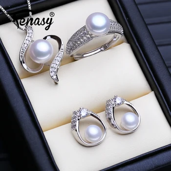 

FENASY 925 Sterling Silver Statement Pendant Necklace Natural Pearl Jewelry Sets For Women Bohemian Stud Earrings Party Rings