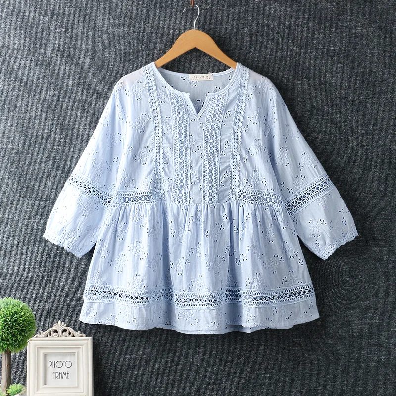 2020 New Spring Women Shirt Literary Fresh Hollow out Embroidery Pullover Cotton and linen O-Neck Blouse Women 2