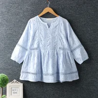 2020 New Spring Women Shirt Literary Fresh Hollow out Embroidery Pullover Cotton and linen O-Neck Blouse Women 2
