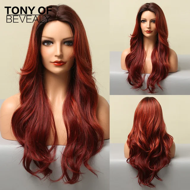 Long Water Wavy Synthetic Wigs Ombre Brown Middle Part Natural Hair Wigs For Women Cosplay Wigs Heat Resistant Fiber LC5221-1