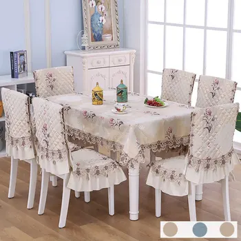 

Pastoral Jacquard Tablecloth Set Cotton Lace Chair Cushion Cover Dining Waterproof Rectangular Table Cloth Home Table Cover W