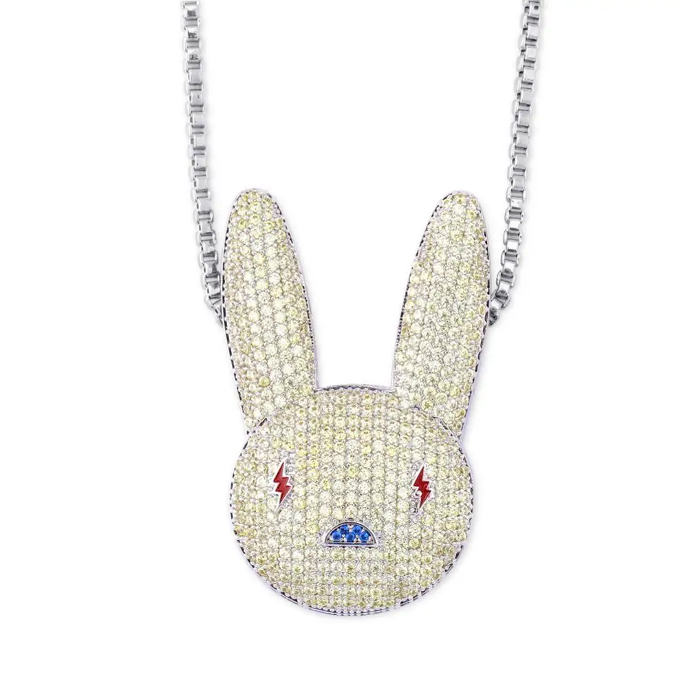 GUCY NEW Bad Bunny Pendant Necklace Iced Out AAA Cubic Zirconia Bling Men's Women Hip hop Jewelry - Окраска металла: Silver